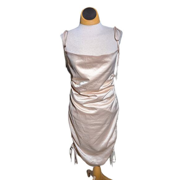 Leau Cabo Champagne Gold Satin Tie Strap Square Draped Neck Mini Dress Sz M - Picture 2 of 7